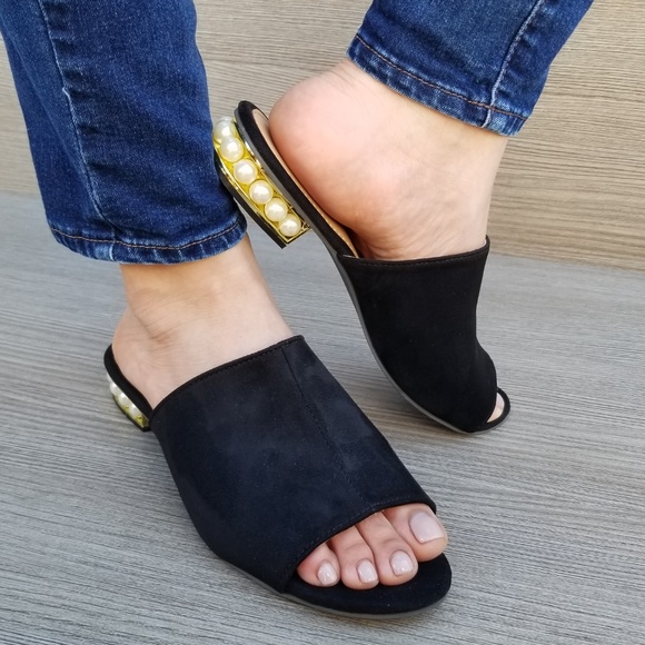 Black Vegan Suede Loafer Open Toe Sandal Pearl - Picture 2 of 8